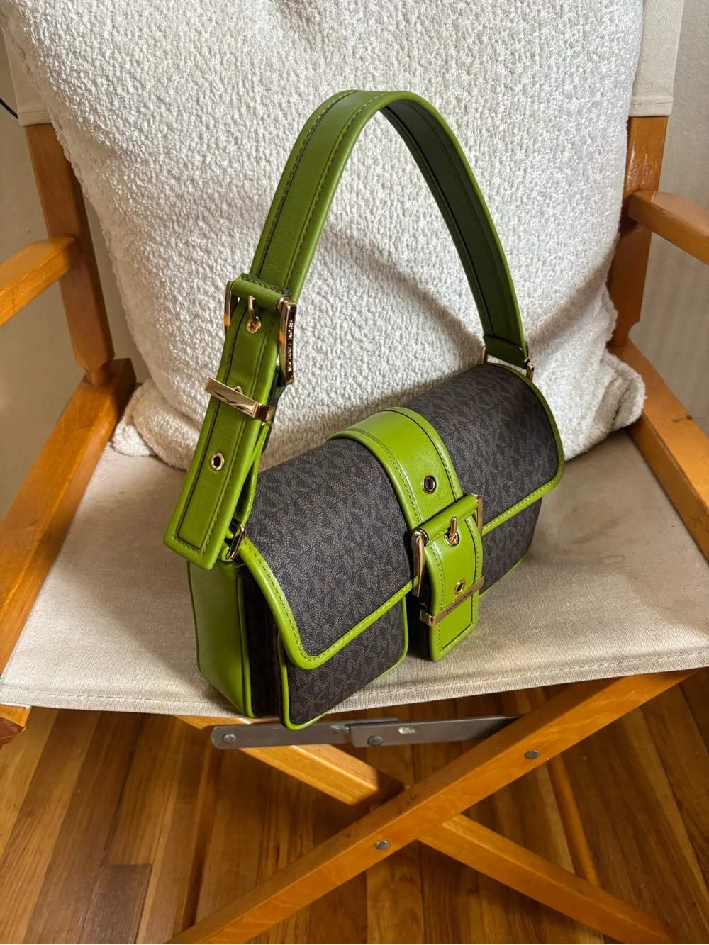 Michael Kors Brown Signature Mini Bag with Lime Green Trim & Matching Wallet